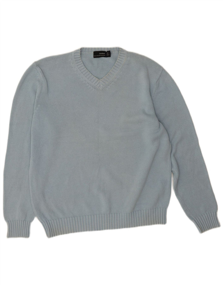 Zara Herren-Pullover mit V-Ausschnitt, groß, aus blauer Baumwolle