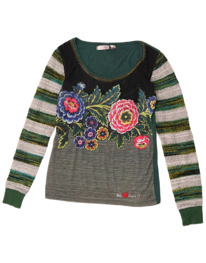 Desigual Womens Graphic Top Langarm UK 12 Mittelgrünes Blumenmuster aus Polyester