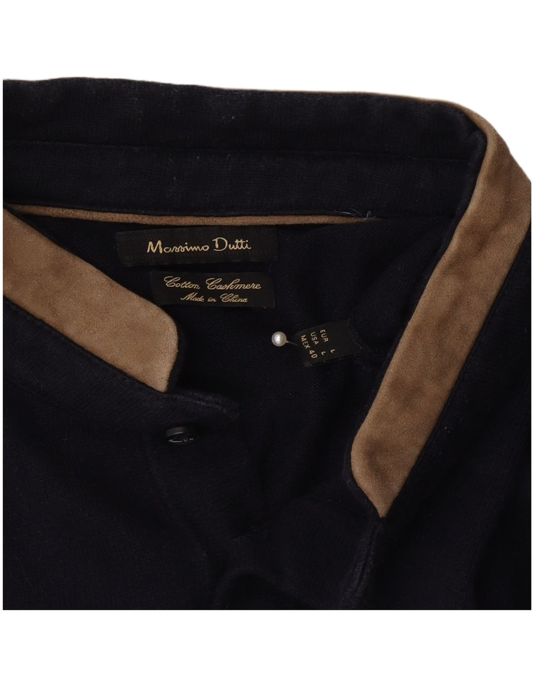 Massimo Dutti Herren-Pullover mit Knopfkragen, groß, marineblaue Baumwolle