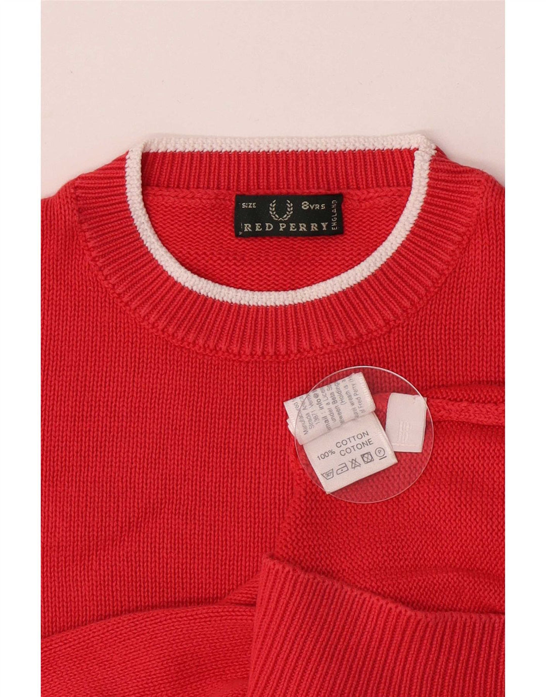 Fred Perry Jungen-Pullover mit Rundhalsausschnitt, 7–8 Jahre, rote Baumwolle