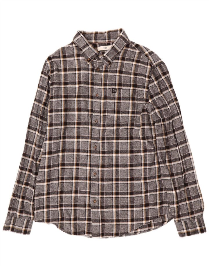 Marks & Spencer Herren-Flanellhemd, groß, grau kariert, Baumwolle