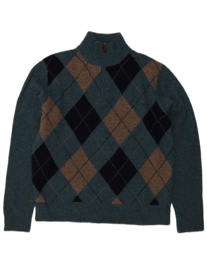 J. Crew Herren-Pullover mit Reißverschluss am Hals, mittelblaue Argyle-/Diamant-Lammwolle