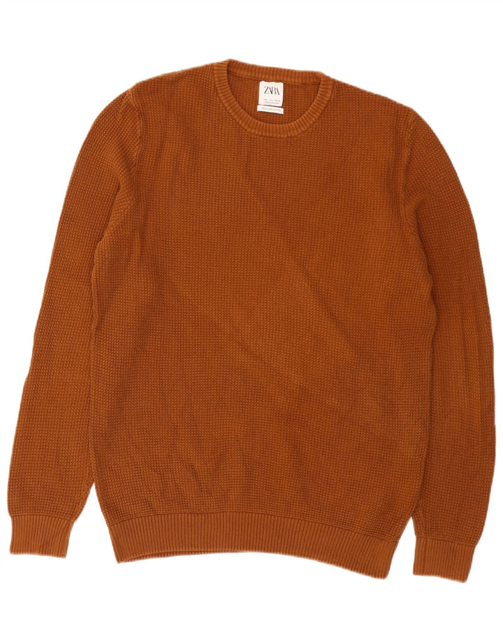 Zara Herren-Pullover mit Rundhalsausschnitt, groß, braune Baumwolle