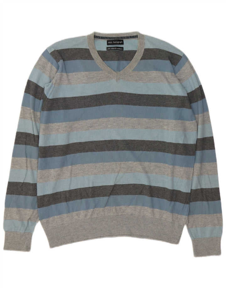 Marks & Spencer Herren Autograph Pullover mit V-Ausschnitt, groß, grau gestreift