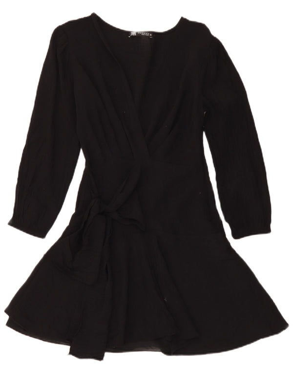 Zara Damen 3/4-Ärmel A-Linien-Kleid UK 6 XS Schwarze Viskose