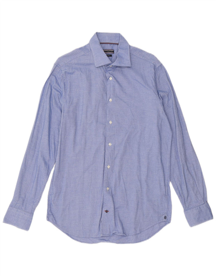Tommy Hilfiger Herrenhemd Größe 40 15 3/4 mittelblaue geometrische Baumwolle