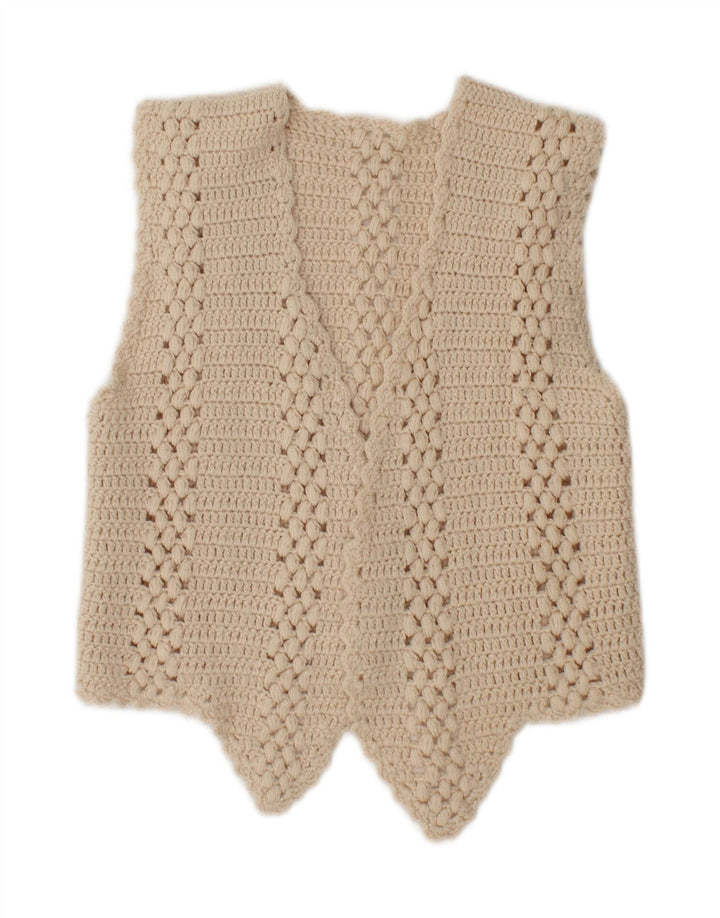 VINTAGE Womens Sleeveless Open Cardigan Sweater UK 12 Medium Beige Vintage Vintage and Second-Hand Vintage from Messina Hembry 