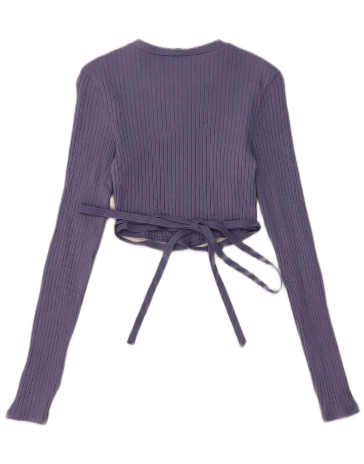 Zara Damen Crop Top Langarm UK 10 Small Blaue Baumwolle