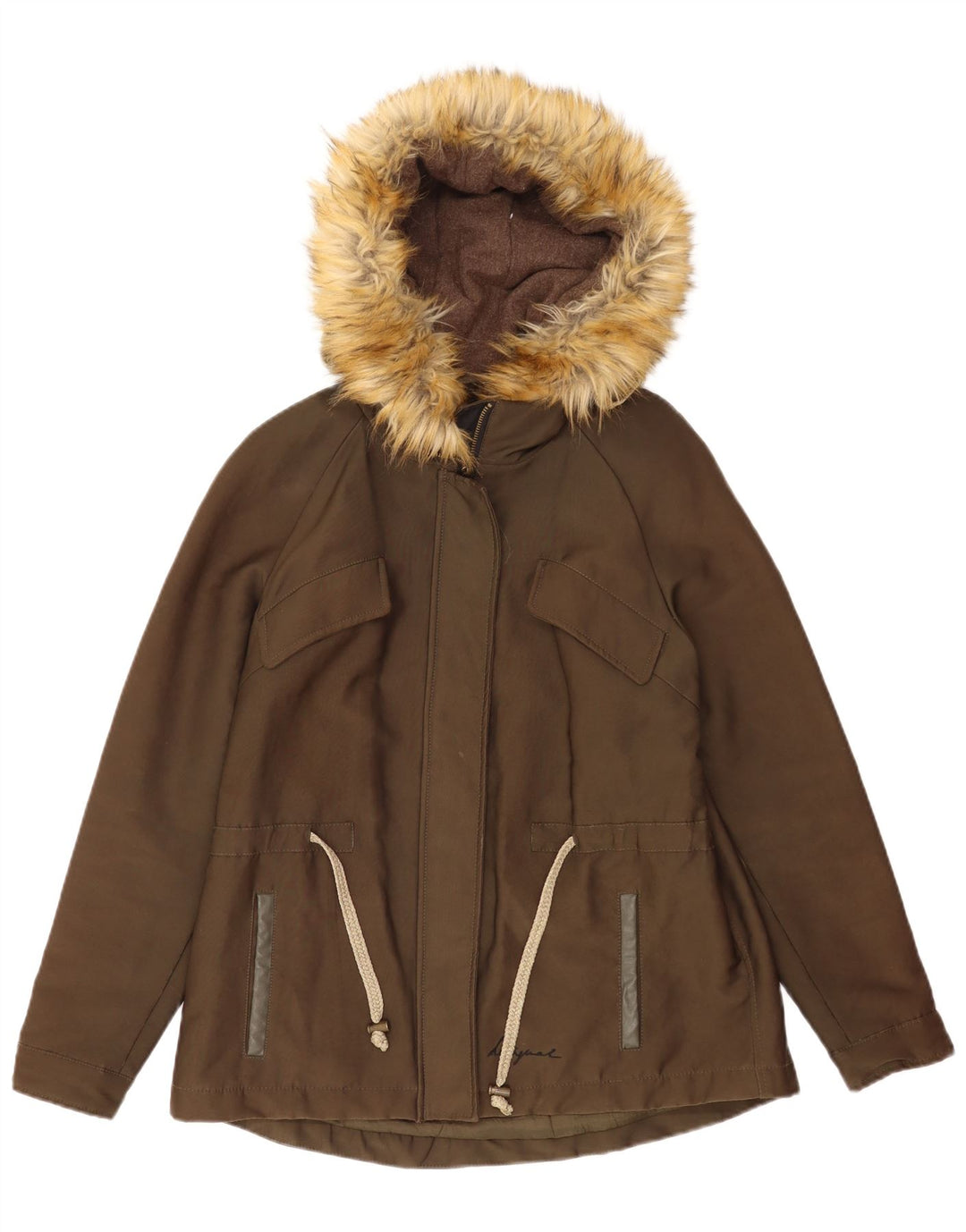 Desigual Womens Graphic Hooded Parka Jacke EU 38 Medium Khaki Baumwolle