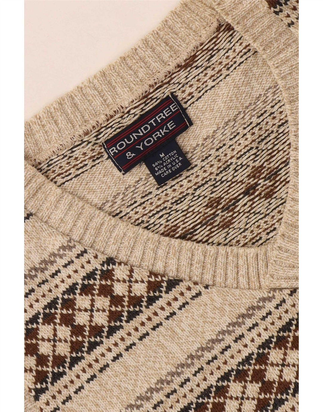 Roundtree & Yorke Herren-Pullover mit V-Ausschnitt, mittelbeige, geometrische Baumwolle