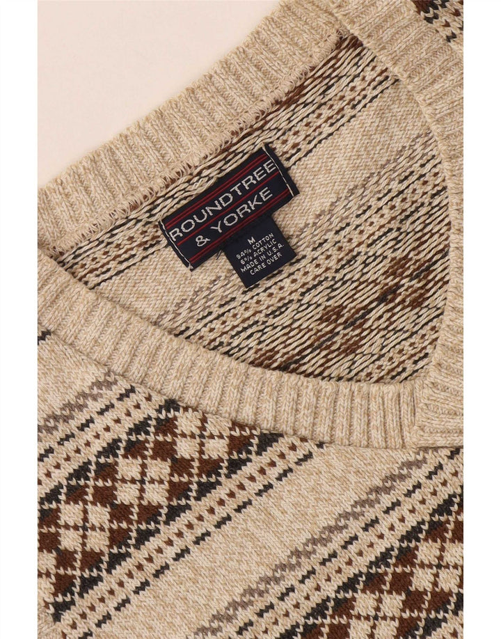 Roundtree & Yorke Herren-Pullover mit V-Ausschnitt, mittelbeige, geometrische Baumwolle
