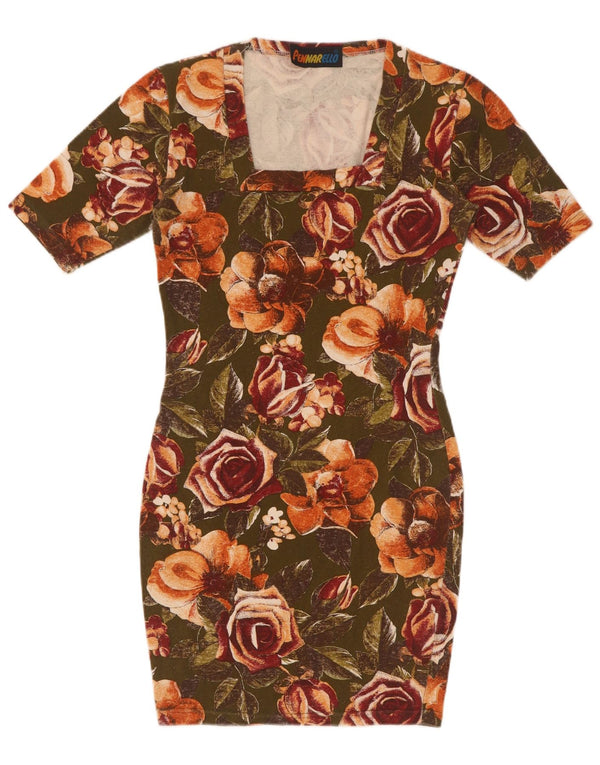 Vintage Damen Figurbetontes Kleid UK 8 Small Khaki Floral Cotton
