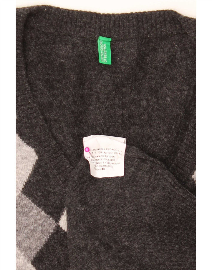 Benetton Herren-Pullover mit V-Ausschnitt, XL, graue Argyle-/Diamantwolle