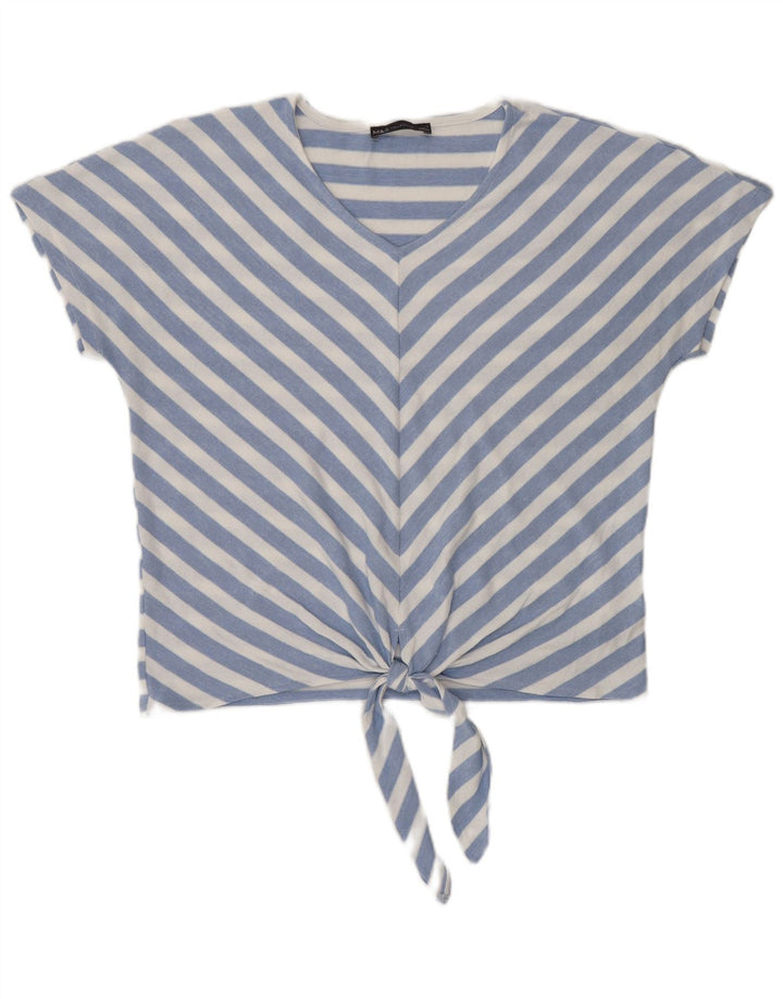 Marks & Spencer Damen-Blusenoberteil mit Bindeband vorne, UK 12, Mittelblau gestreift