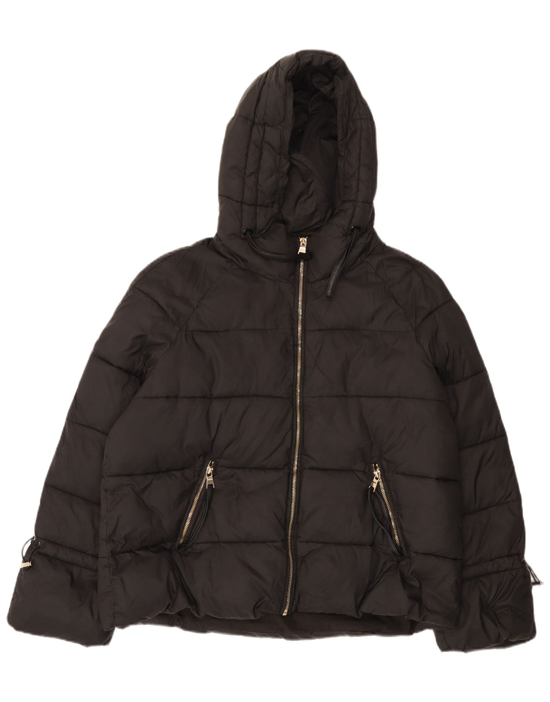 Zara Damen-Jacke mit Kapuze, gepolstert, Größe 46, Größe L, aus schwarzem Nylon