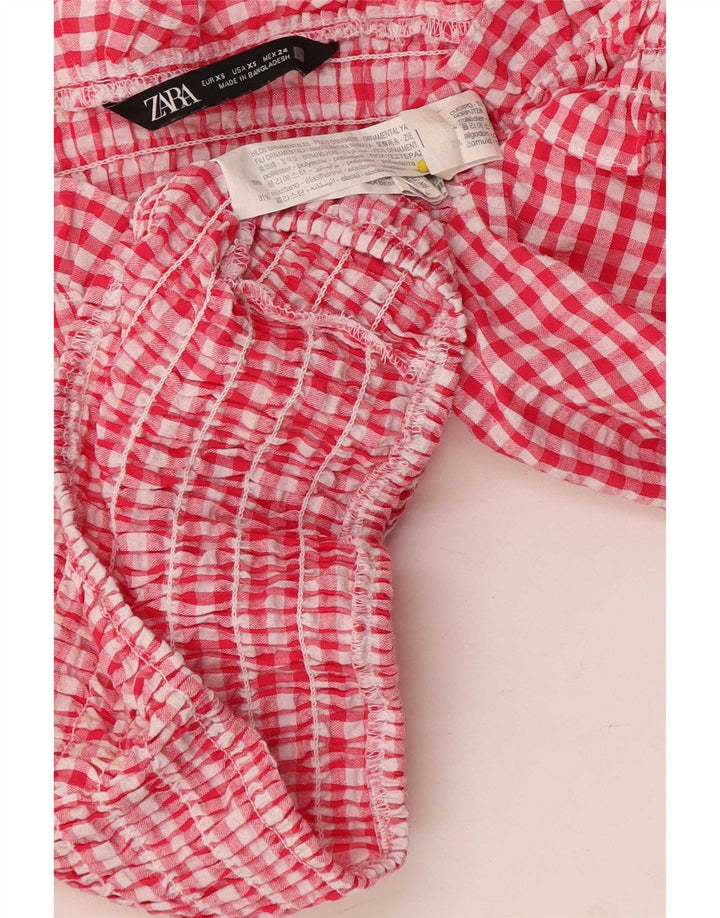 Zara Damen Crop 3/4 Ärmel Off Shoulder Top UK 4 XS Rot Gingham Polyester