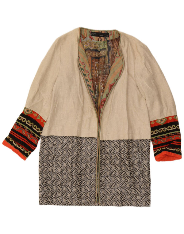 Zara Womens Open Overcoat UK 14 Large Beige Geometrisches Leinen