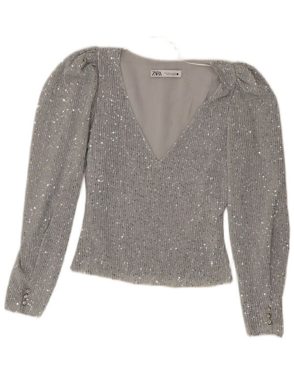 Zara Damen Crop Top Langarm UK 10 Small Silber