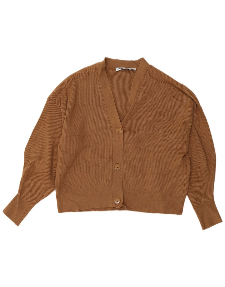 Zara Damen Crop Cardigan Pullover UK 14 Mittelbraune Viskose