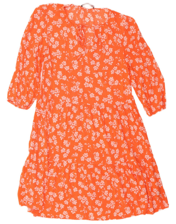 Marks & Spencer Damen-Stufenkleid mit 3/4-Ärmeln, Gr. 8, klein, orangefarbenes Blumenmuster