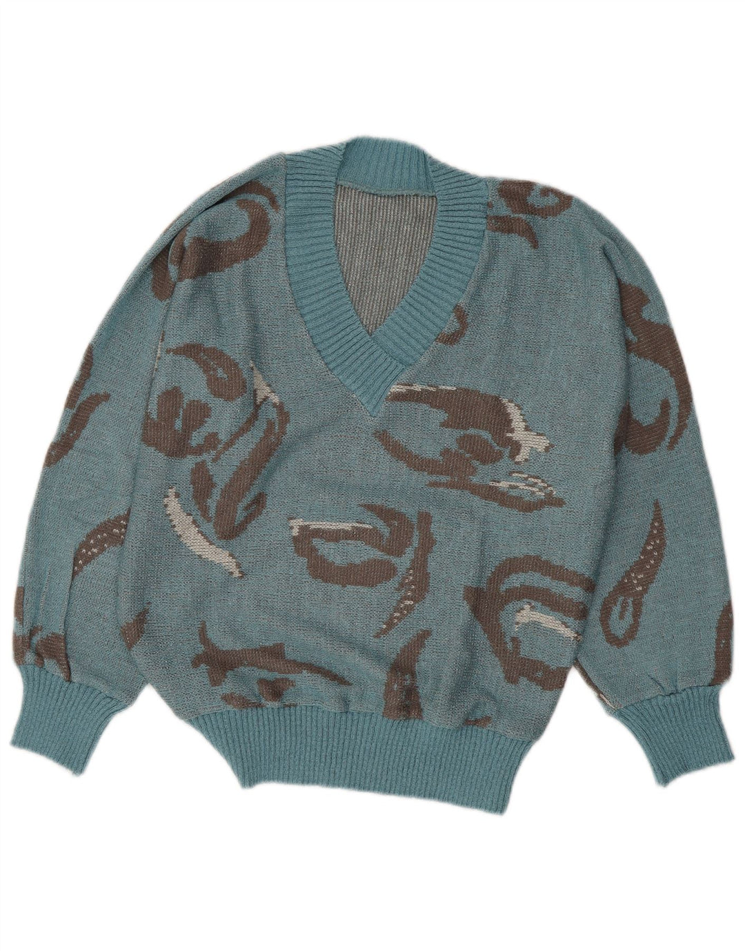 VINTAGE Damen-Pullover mit abstraktem Muster und V-Ausschnitt, Gr. 16, groß, Blau