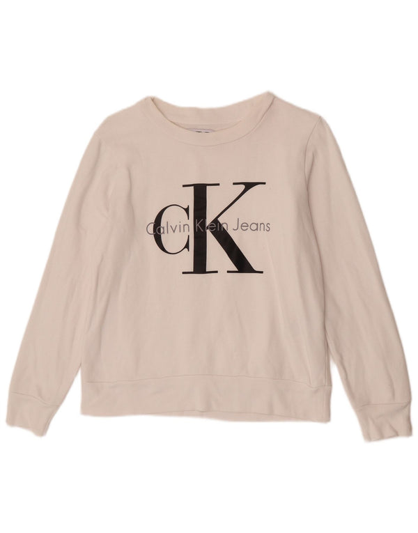 Calvin Klein Jeans Damen Grafik-Sweatshirt-Pullover UK 10 Small Weiß