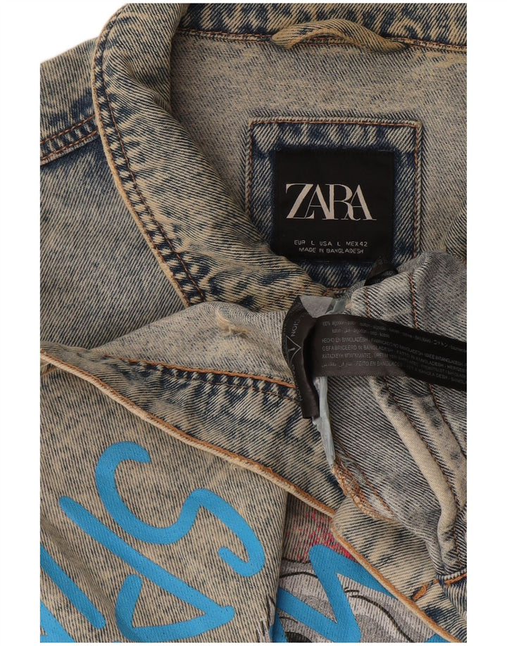 Zara Herren-Jeansjacke mit Grafik, UK 40, große blaue Baumwolle