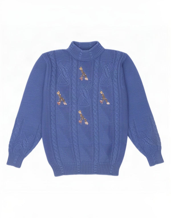 Vintage Damen Rollkragenpullover Pullover EU 38 Mittelblaue geblümte Wolle