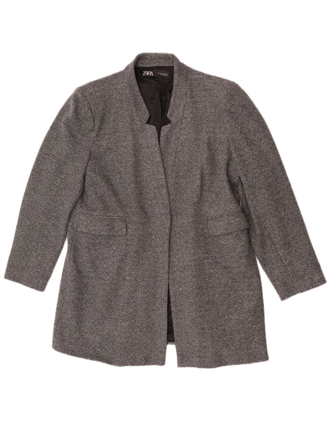 Offene Blazerjacke für Damen von Zara, UK 20 2XL, graue Baumwolle mit Fischgrätenmuster
