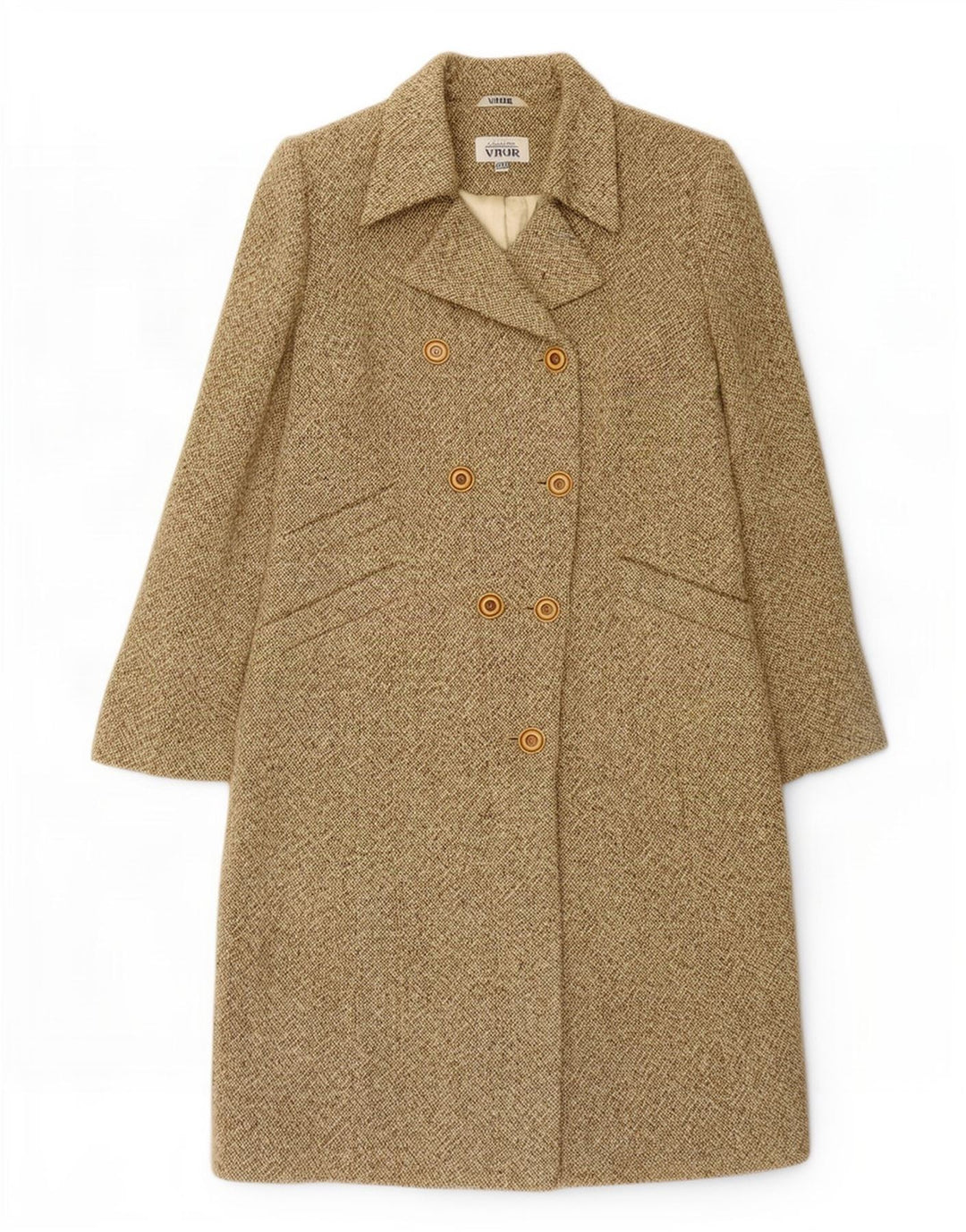 Vintage Damen Zweireihiger Mantel IT 48 XL Khaki meliert Wolle