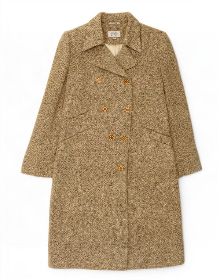 Vintage Damen Zweireihiger Mantel IT 48 XL Khaki meliert Wolle