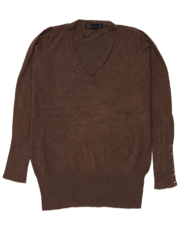 Zara Damen-Pullover mit V-Ausschnitt, UK 14, Größe L, braun, Viskose