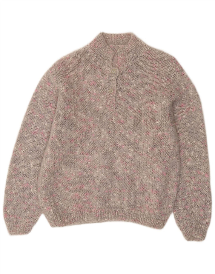 VINTAGE Damen-Pullover mit Knopfkragen, Gr. 14, groß, grau gefleckt