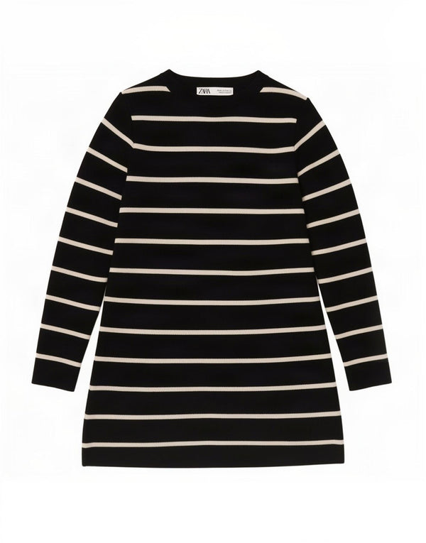 Zara Damen Langarm-Tunikakleid UK 8 Small Schwarz gestreift