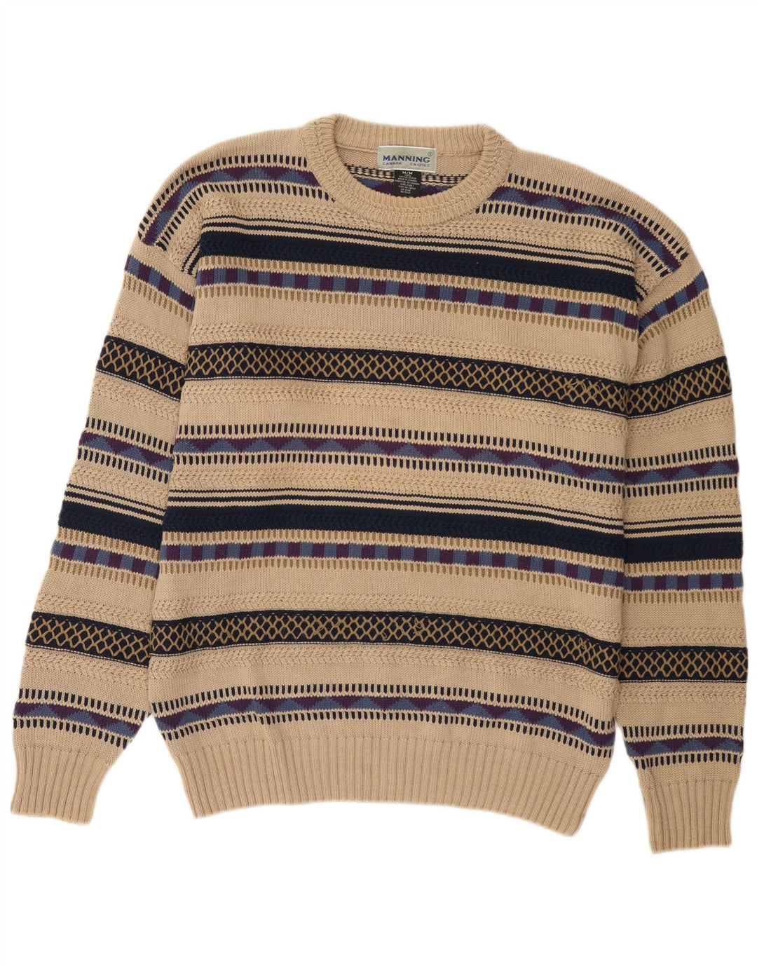 Canada Herren-Pullover mit Rundhalsausschnitt, Mittelbeige, gestreift, Baumwolle