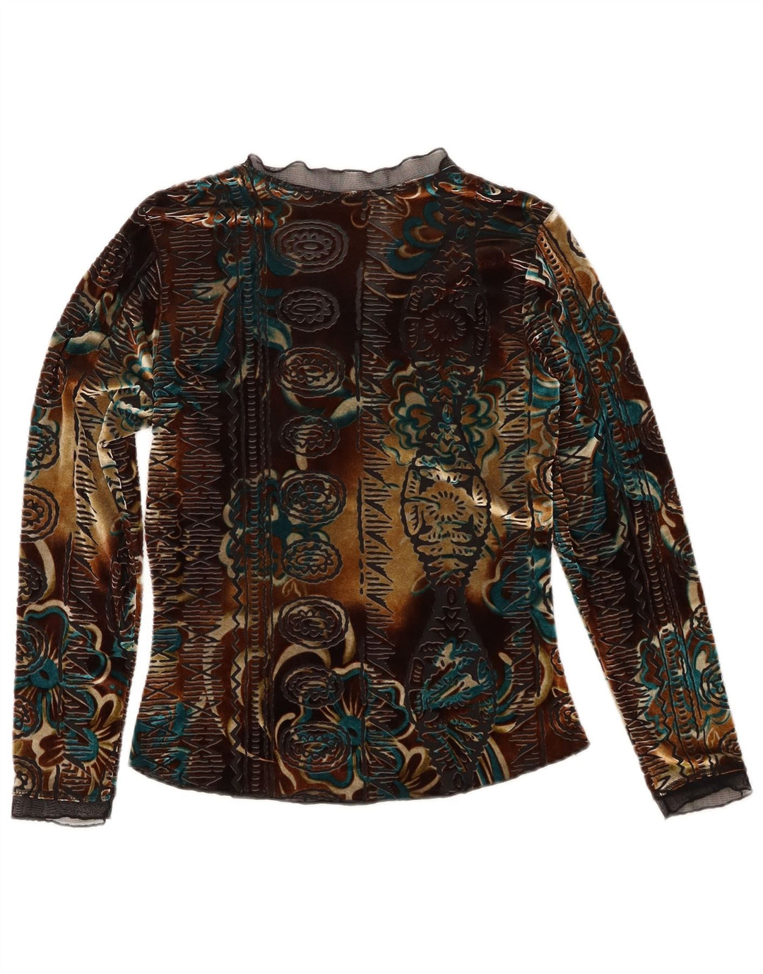 Vintage Damen Samt Top Langarm UK 6 XS Bunt geblümt