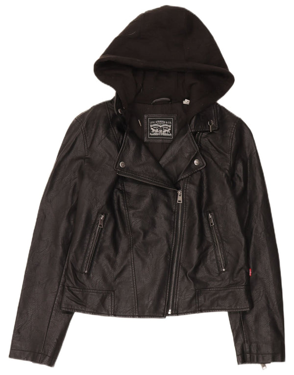 Levi's Womens Hooded Faux Leather Biker Jacket UK 12 Medium Black
