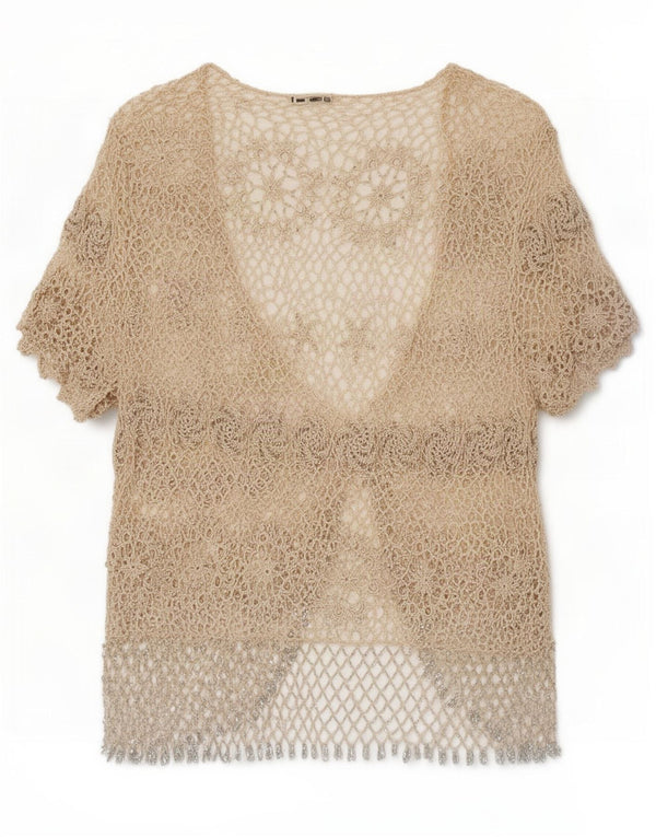 Marks & Spencer Damen Häkel-Cardigan-Oberteil UK 12 Mittelbeige mit Blumenmuster