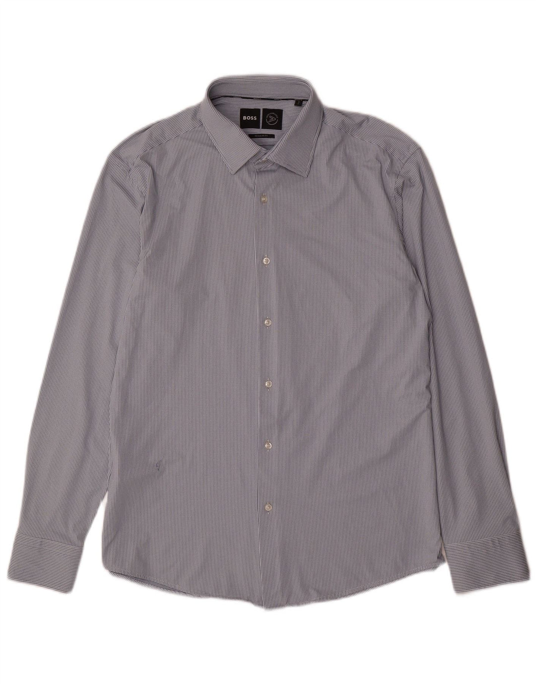 Hugo Boss Herren-Hemd mit normaler Passform, Größe 41 16, großes, blau geflecktes Polyamid