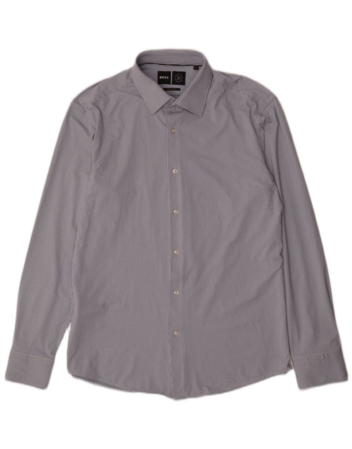 Hugo Boss Herren-Hemd mit normaler Passform, Größe 41 16, großes, blau geflecktes Polyamid