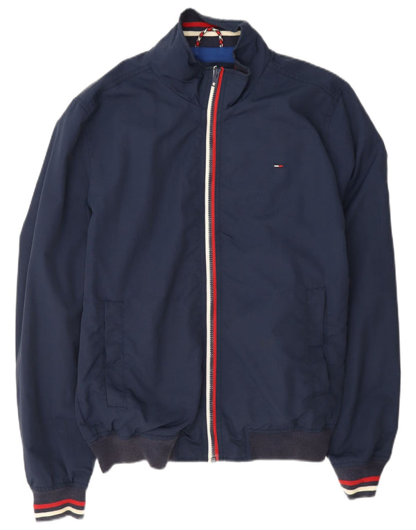 Tommy Hilfiger Mens Bomber Jacket UK 38 Medium Navy Blue Striped Polyamide