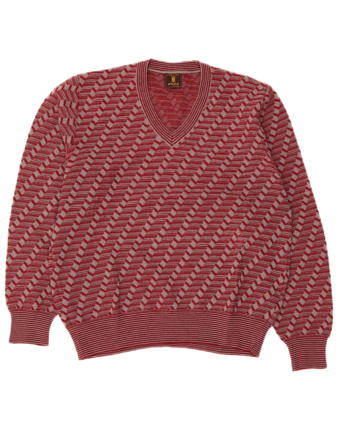 Vintage Damen Pullover mit V-Ausschnitt, Gr. 8, klein, rot, geometrisch
