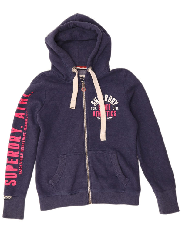 Superdry Damen-Kapuzenpullover mit grafischem Reißverschluss, UK 14, mittelmarineblaue Baumwolle