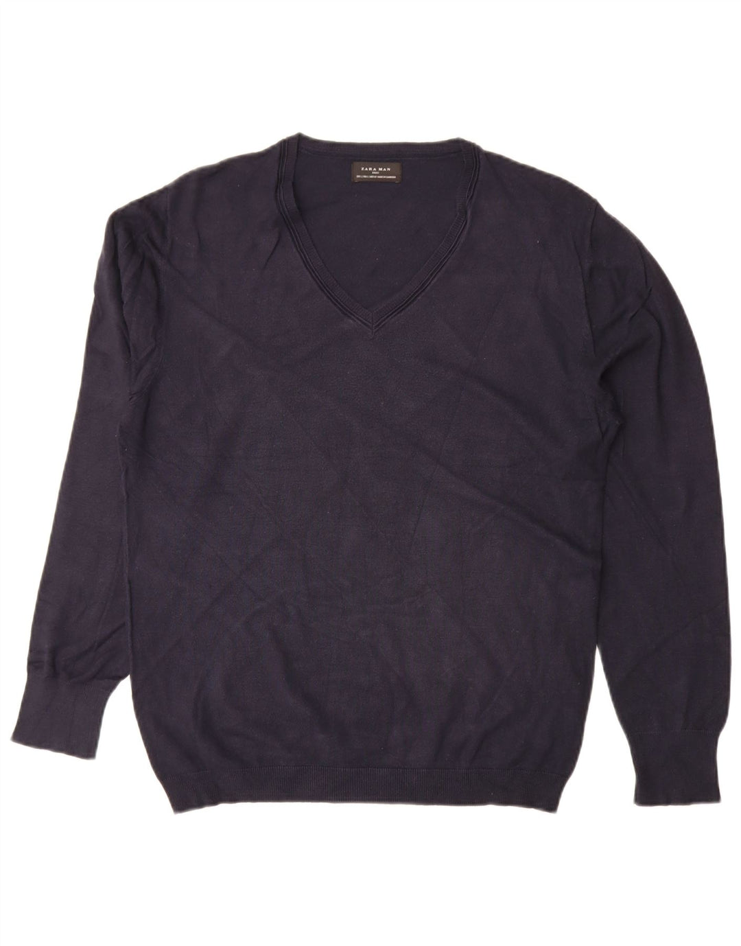 Zara Herren-Pullover mit V-Ausschnitt, groß, marineblaue Viskose