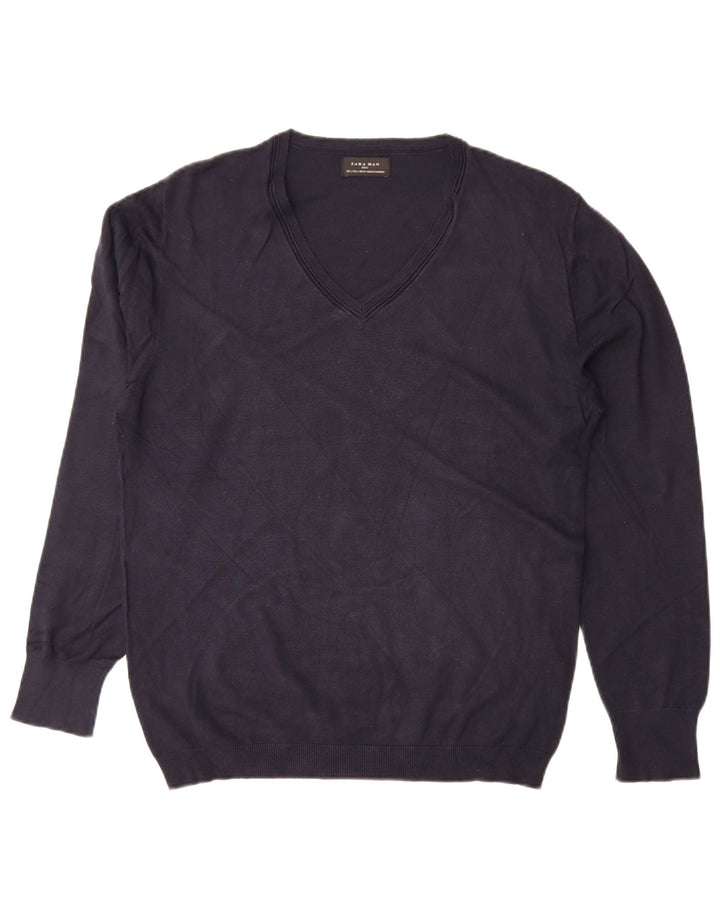 Zara Herren-Pullover mit V-Ausschnitt, groß, marineblaue Viskose