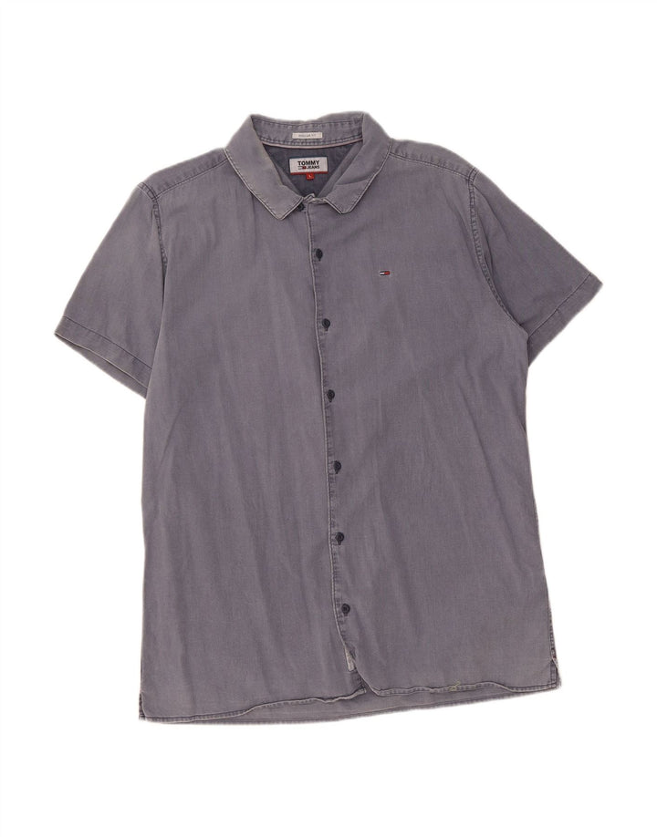 TOMMY HILFIGER Mens Regular Fit Short Sleeve Shirt Large Blue Cotton