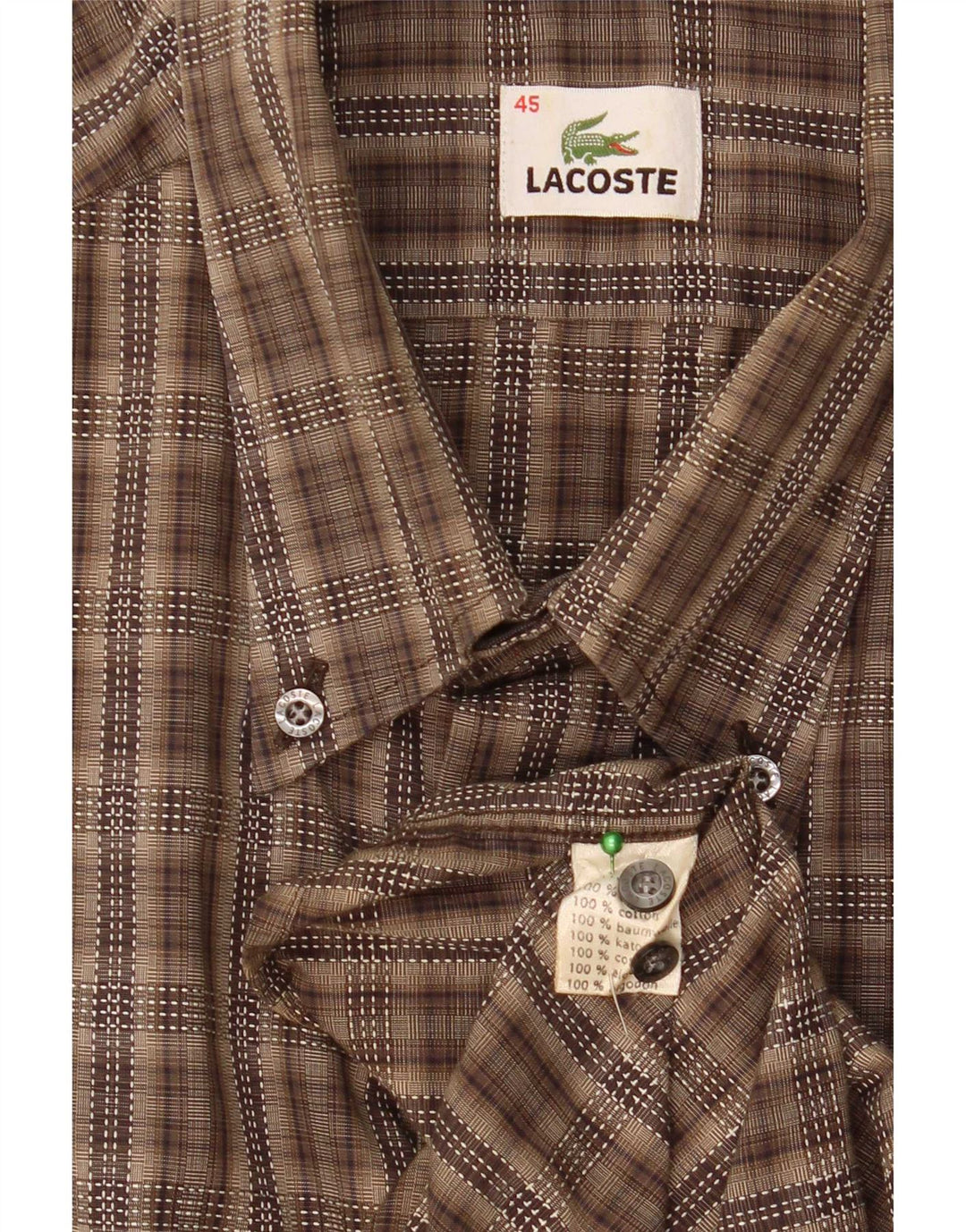 Lacoste Herrenhemd Größe 45 XL Braun karierte Baumwolle
