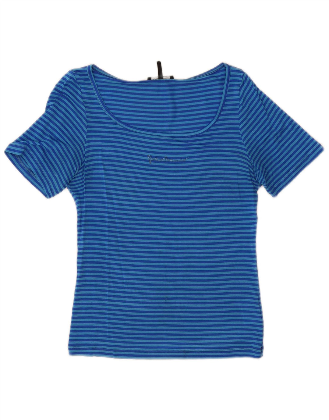 Roccobarocco Damen T-Shirt Top US 8 Mittelblau gestreiftes Acetat