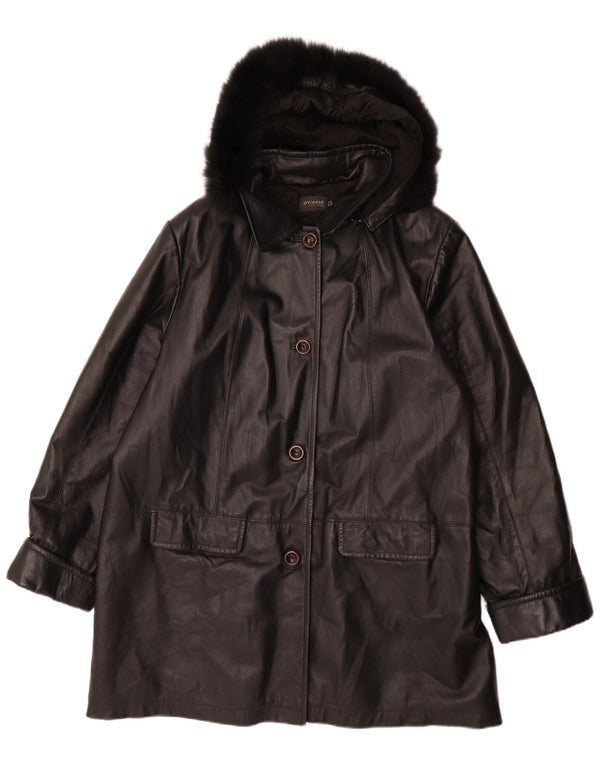 Oviesse Damen Ledermantel mit Kapuze IT 52 XL Schwarzes Leder
