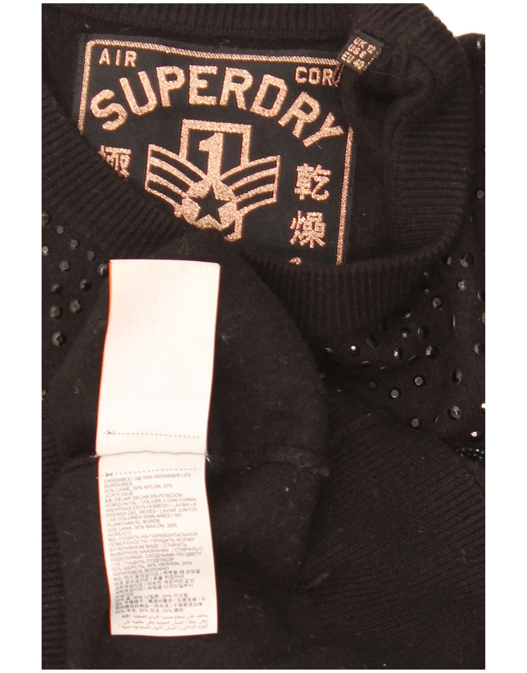 Superdry Damen-Pullover mit grafischem U-Boot-Ausschnitt, UK 12, mittelschwarze Wolle